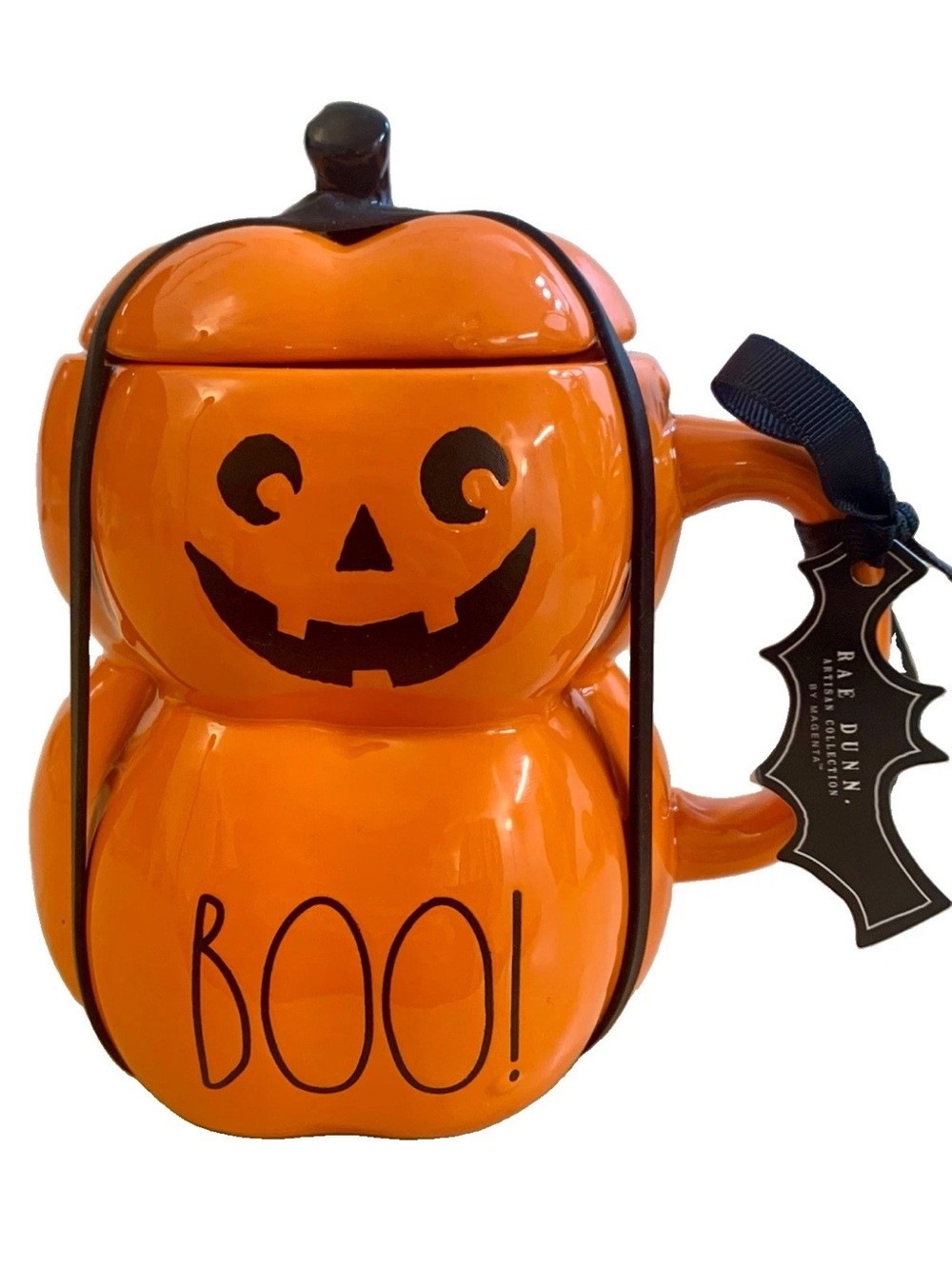RAE DUNN BOO! 3D Stacked Jack-O-Lantern Mug Pumpkin Topper Spooky Orange/Blk NWT